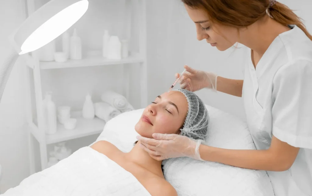 Woman receiving a facial treatment in a spa.